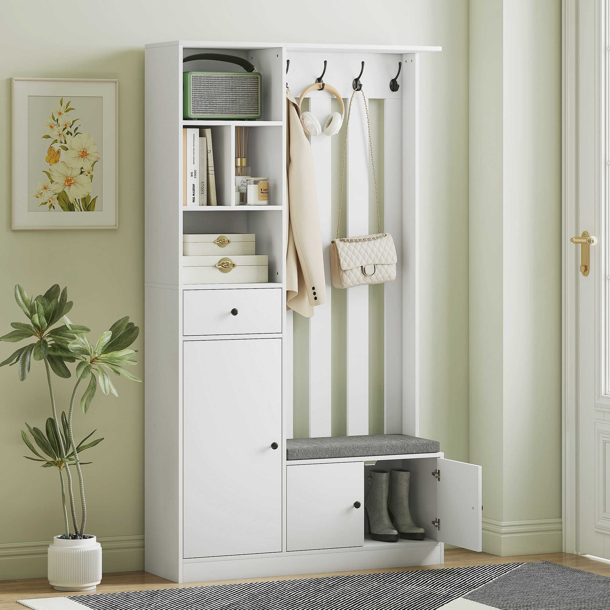 Vestiaire d'entrée banc chaussures multi-rangement gris blanc