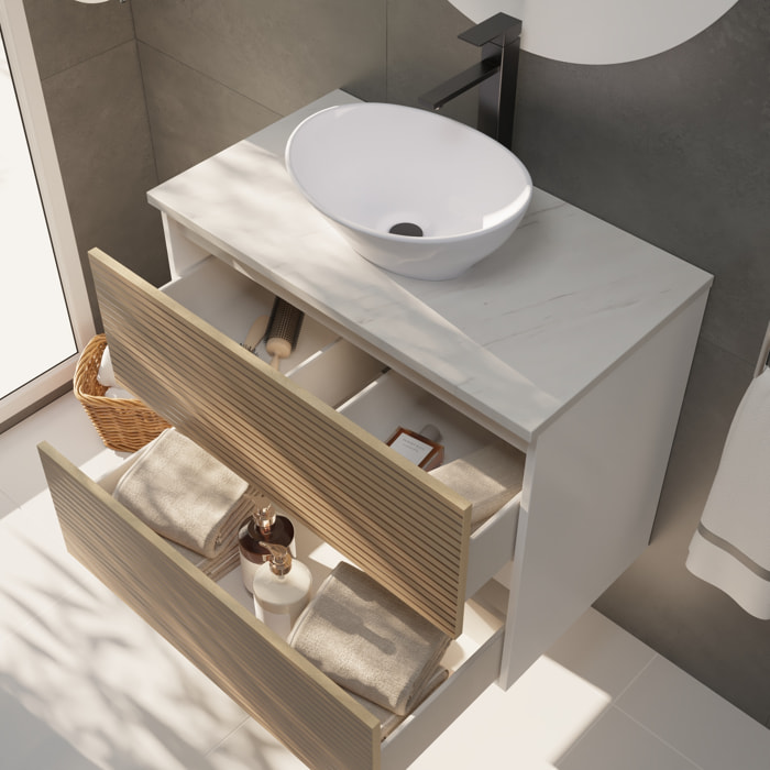 Yinu Salle de Bain | 80 cm Blanc - Solomon | Deux Tiroirs | avec Lavabo sur Plan | N'inclut pas le Miroir | Alday