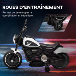 Moto électrique enfant 6 V 3 Km/h effet lumineux roulettes amovibles repose-pied pédale métal PP blanc noir