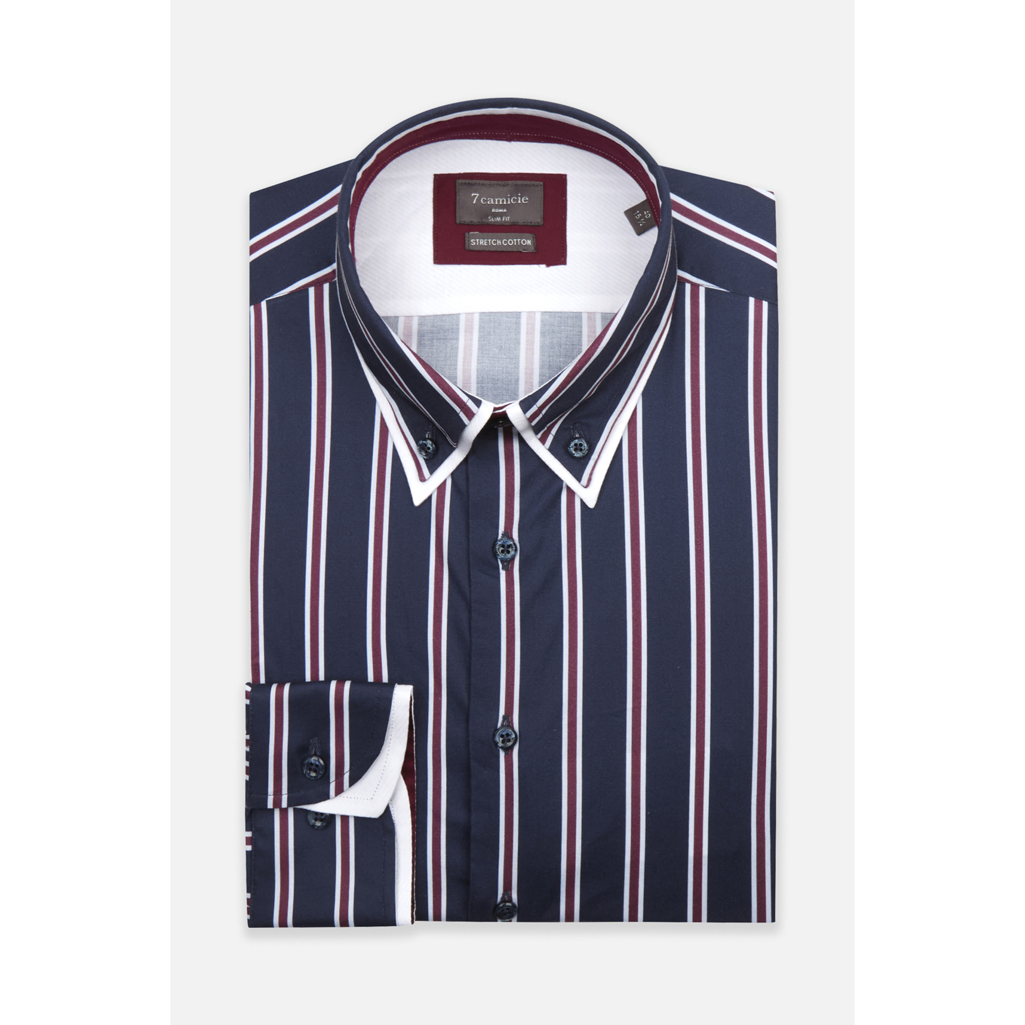 Camicia Uomo Botton Down Slim Popeline Stretch Riga Larga Blu/Bordeaux