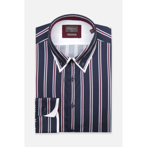 Camicia Uomo Botton Down Slim Popeline Stretch Riga Larga Blu/Bordeaux