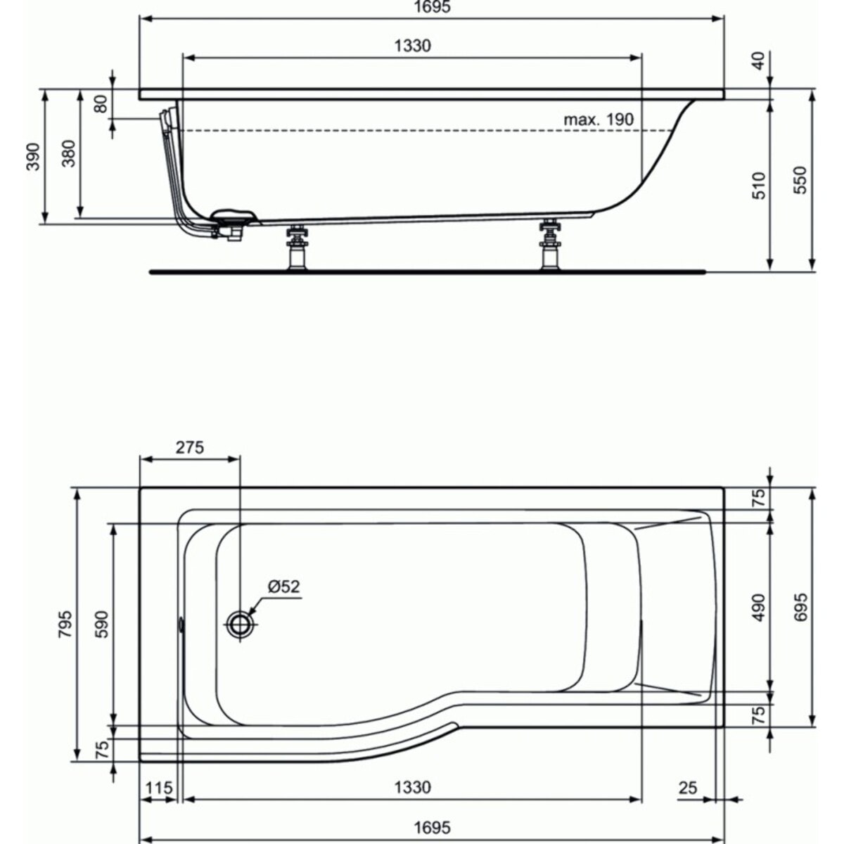IDEAL STANDARD Baignoire Connect air 170 X 80 avec Pare Bain asymétrique droite