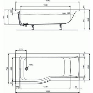 IDEAL STANDARD Baignoire Connect air 170 X 80 avec Pare Bain asymétrique droite