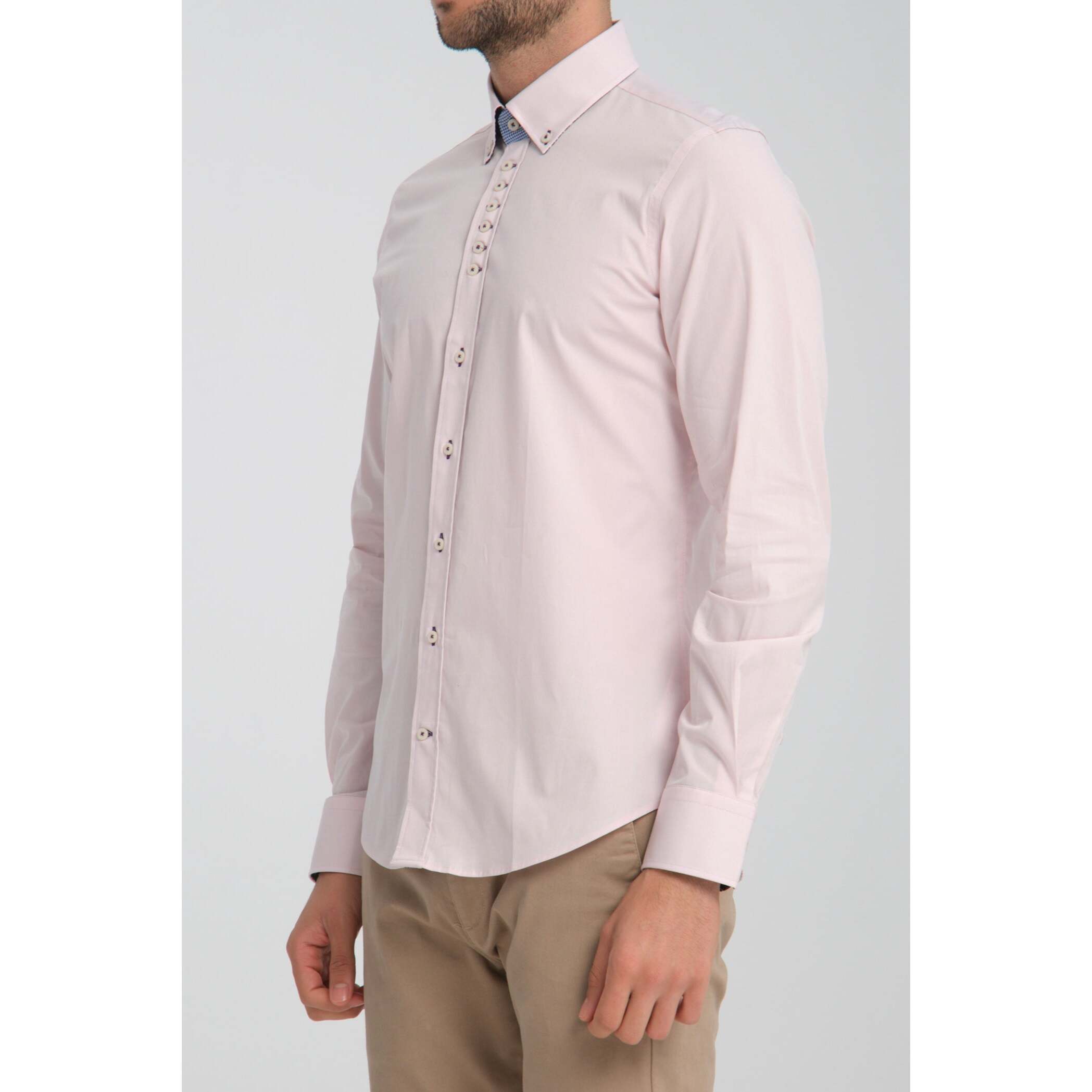 Camicia Uomo 1 Bottoni Button Down Slim Popeline Stretch Unito Rosa