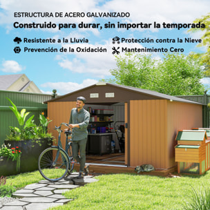 Caseta de Jardín Exterior, 12,4 m² 340x386x200 cm Cobertizo de Jardín Exterior Metálico con Puerta Corredera Base Refuerzo (Suelo NO Incluido) y Ventanas Ocre Oscuro