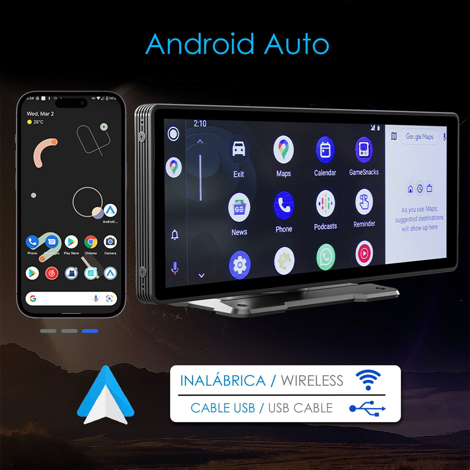 DAM Pantalla táctil B5303R para coche 10,2" HD. Android Auto/Car Play inalámbrico. Bluetooth MP5 con Mirror Link, dashcam frontal + trasera 12 LED. 24,45x2,5x9,8 Cm. Color: Negro