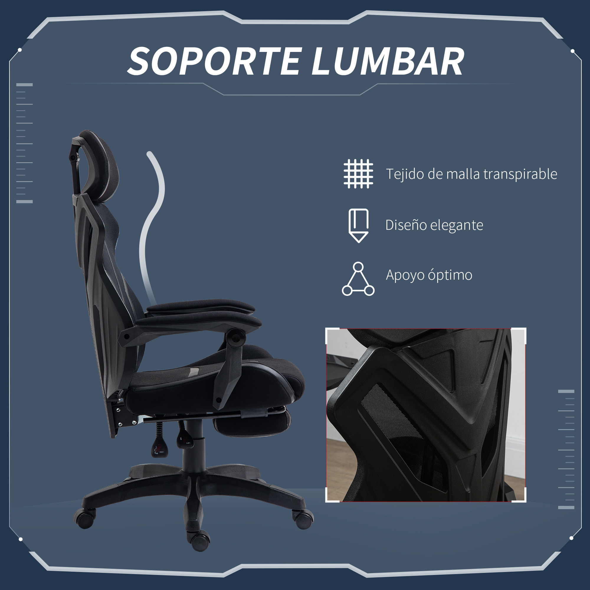 Vinsetto Silla Gaming con Reposapiés Retráctil Silla de Oficina Giratoria Reclinable con Reposacabezas y Altura Ajustable 65x65x119-129 cm Negro