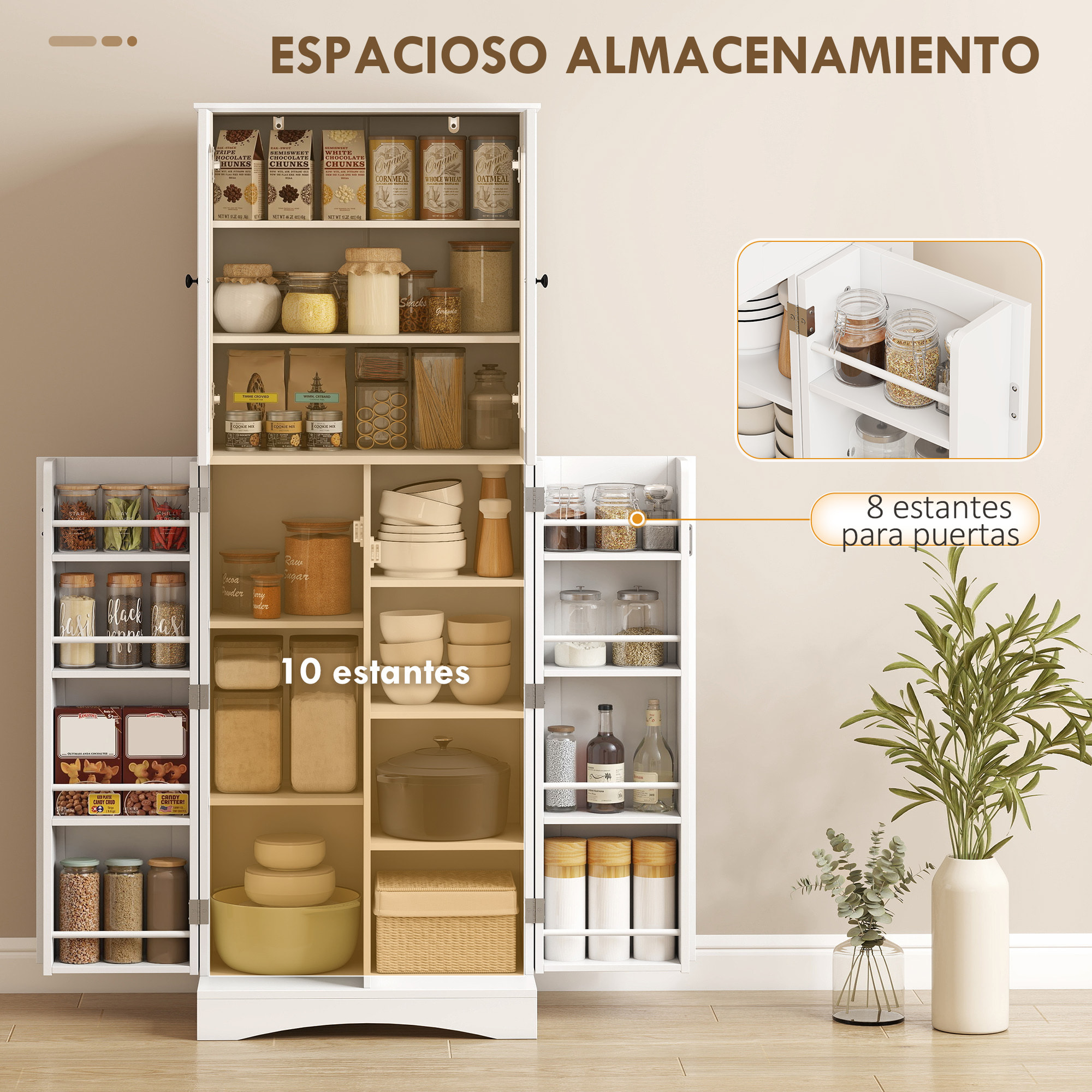 Armario de Cocina, Armario Despensa Cocina, con Puertas Acrílicas de Cierre Suave, 10 Estantes, 8 Compartimentos, Alacena Moderna con 4 Estantes Ajustables para Comedor, 60x40x162 cm, Blanco