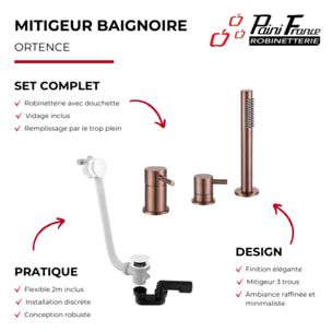 Mitigeur bain douche mécanique PAINI Ortence bronze cuivré + Vidage trop plein et bonde clic-clac siphon 90cm PAINI blanc mat