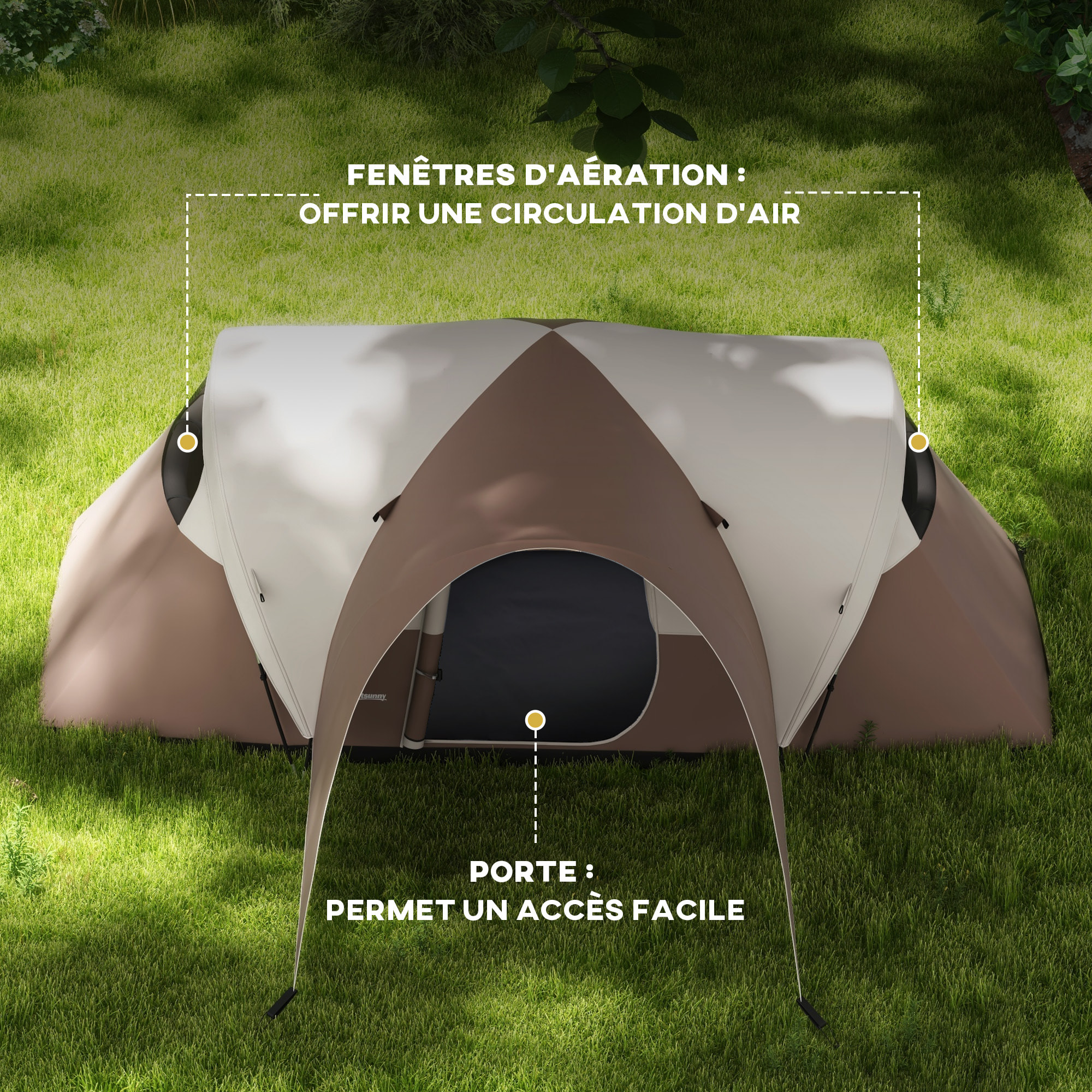 Tente de camping familiale 5-6 pers. étanchéité 3000 mm sac coloris café