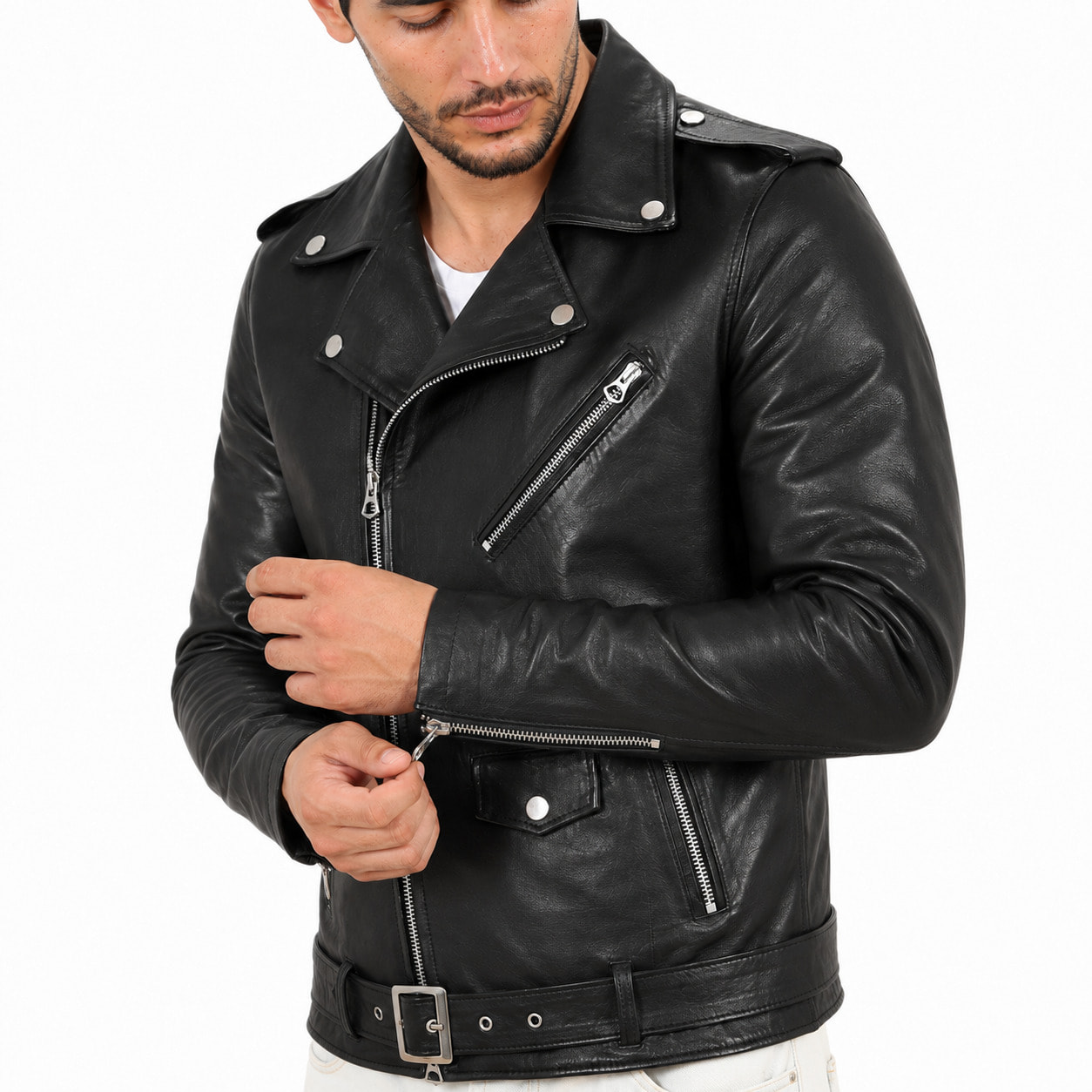 Chiodo in vera pelle di vitello Nero