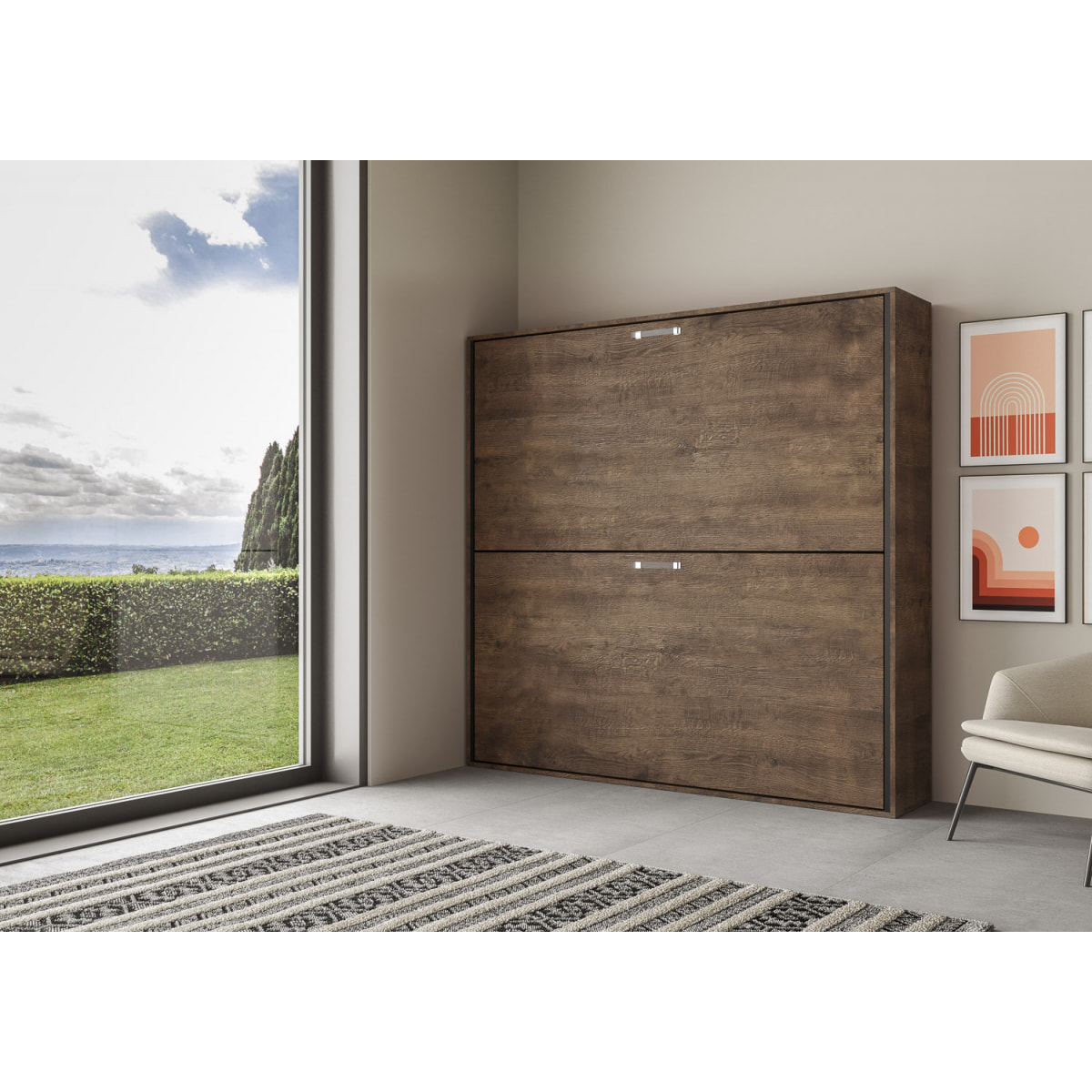 Armoire Lit escamotable horizontal superposé 2 couchages 85 KANDO Noyer