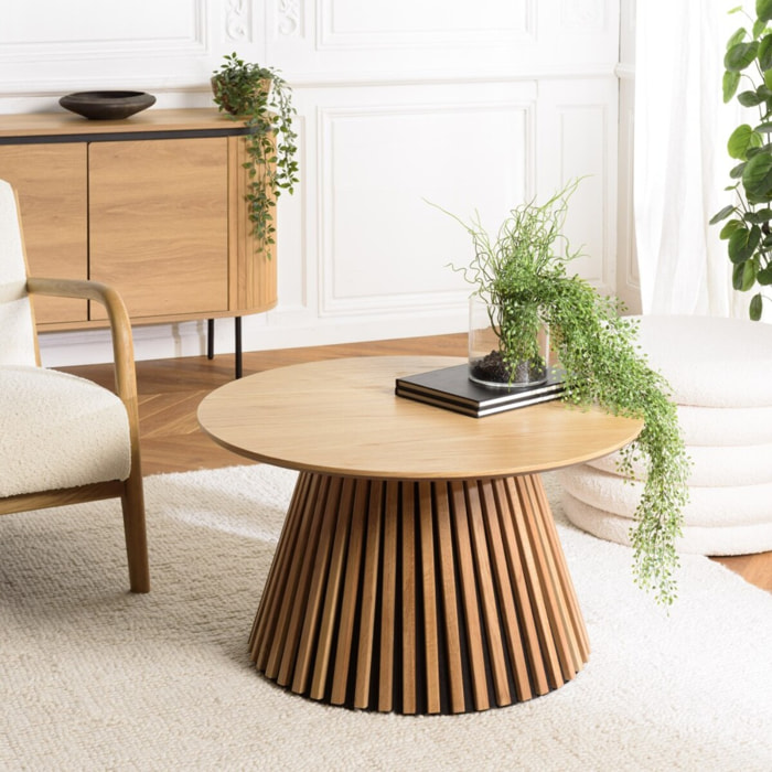 SYA - Table basse ronde D80 décor et chêne naturel pied à motif strié
