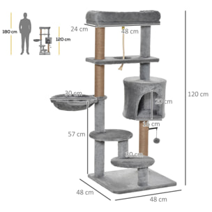 Árbol Rascador para Gatos Altura 120 cm Torre de Gatos con Plataformas Cueva Hamaca Postes de Yute Cuerda Divertida Bola Colgante 48x48x120 cm Gris