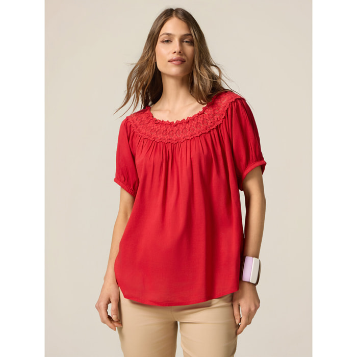 Oltre - Blusa de muselina con encaje - Rojo