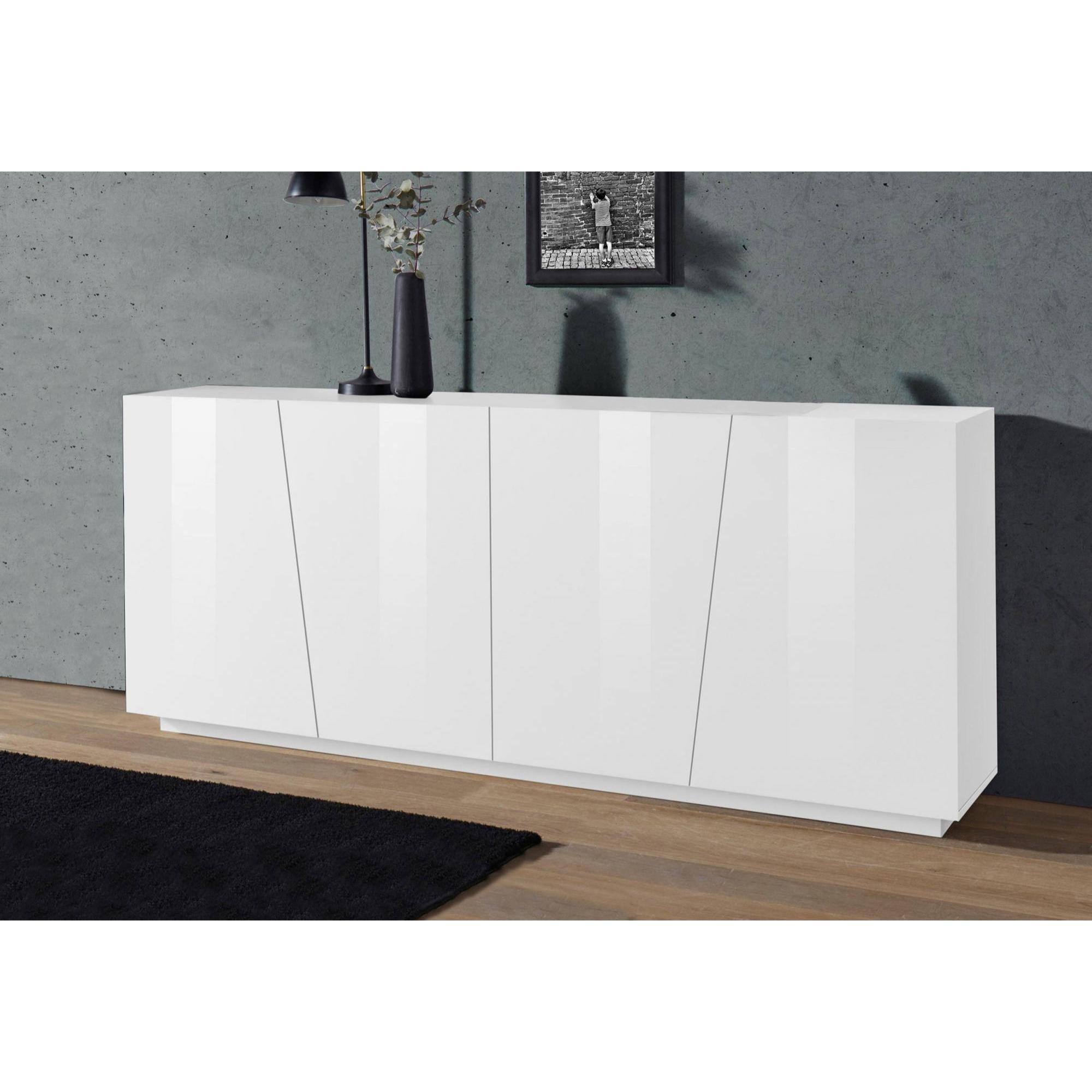 Credenza moderna a 4 ante, Made in Italy, Madia da cucina, Buffet di design da soggiorno, cm 200x43h86, colore Bianco lucido