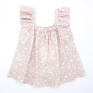 Blusa estampada de flor albaricoque. Fruncida en la parte superior, con volantes en las sisas.