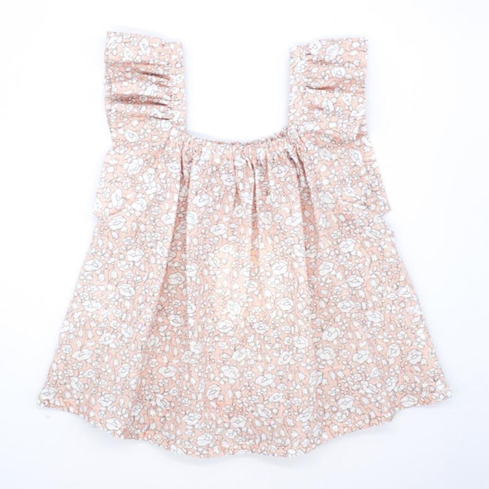 Blusa estampada de flor albaricoque. Fruncida en la parte superior, con volantes en las sisas.