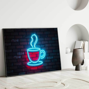 Affiche encadrée affiche tasse néon mur brique Affiche + cadre en métal - Noir