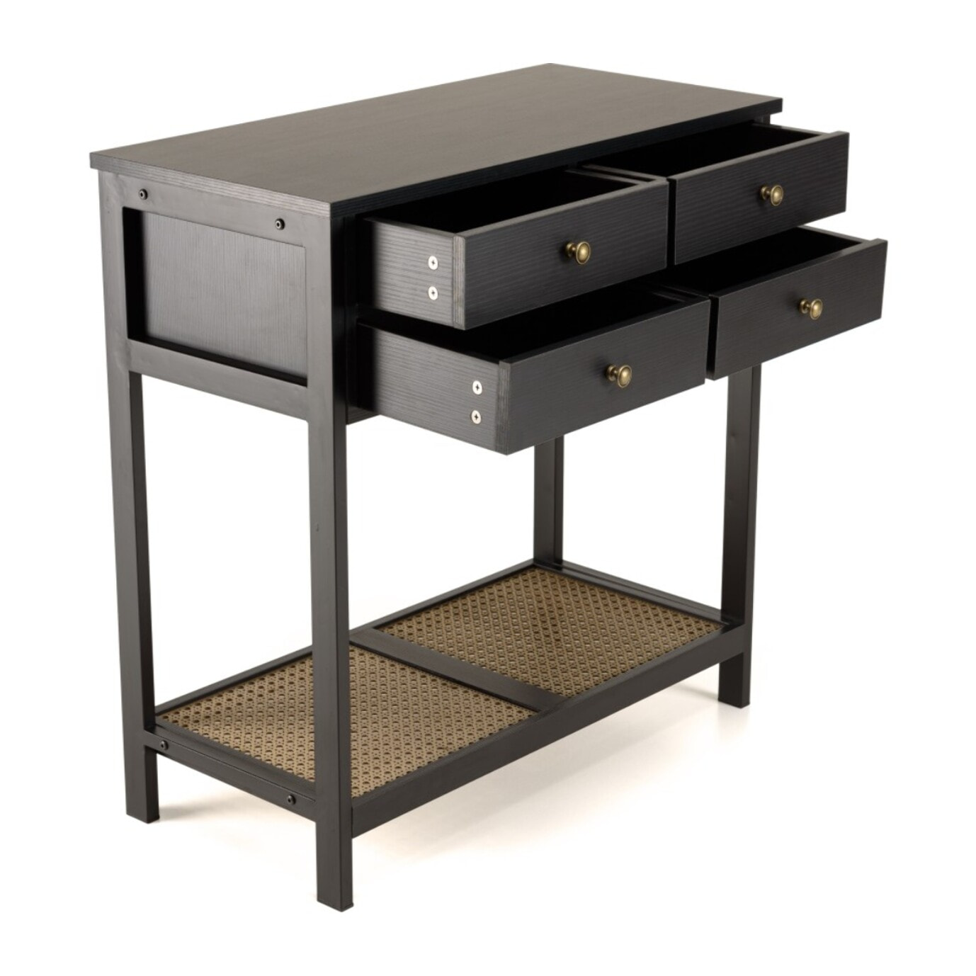 CHARLIE - Console noire 4 tiroirs 1 étagère effet cannage