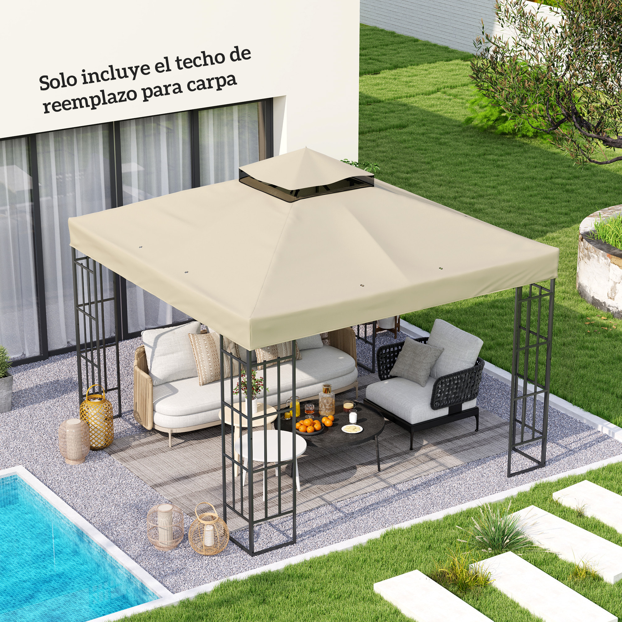 Techo de Repuesto para Cenador 3x3 m Cubierta de Repuesto 370g/㎡ con Techo Doble con Mosquitera Protección UV 30+ Toldo de Recambio para Pabellón Gazebo Crema