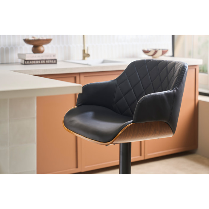 Tabouret de bar design réglable pivotant 360° noir et bois foncé LUCIEN