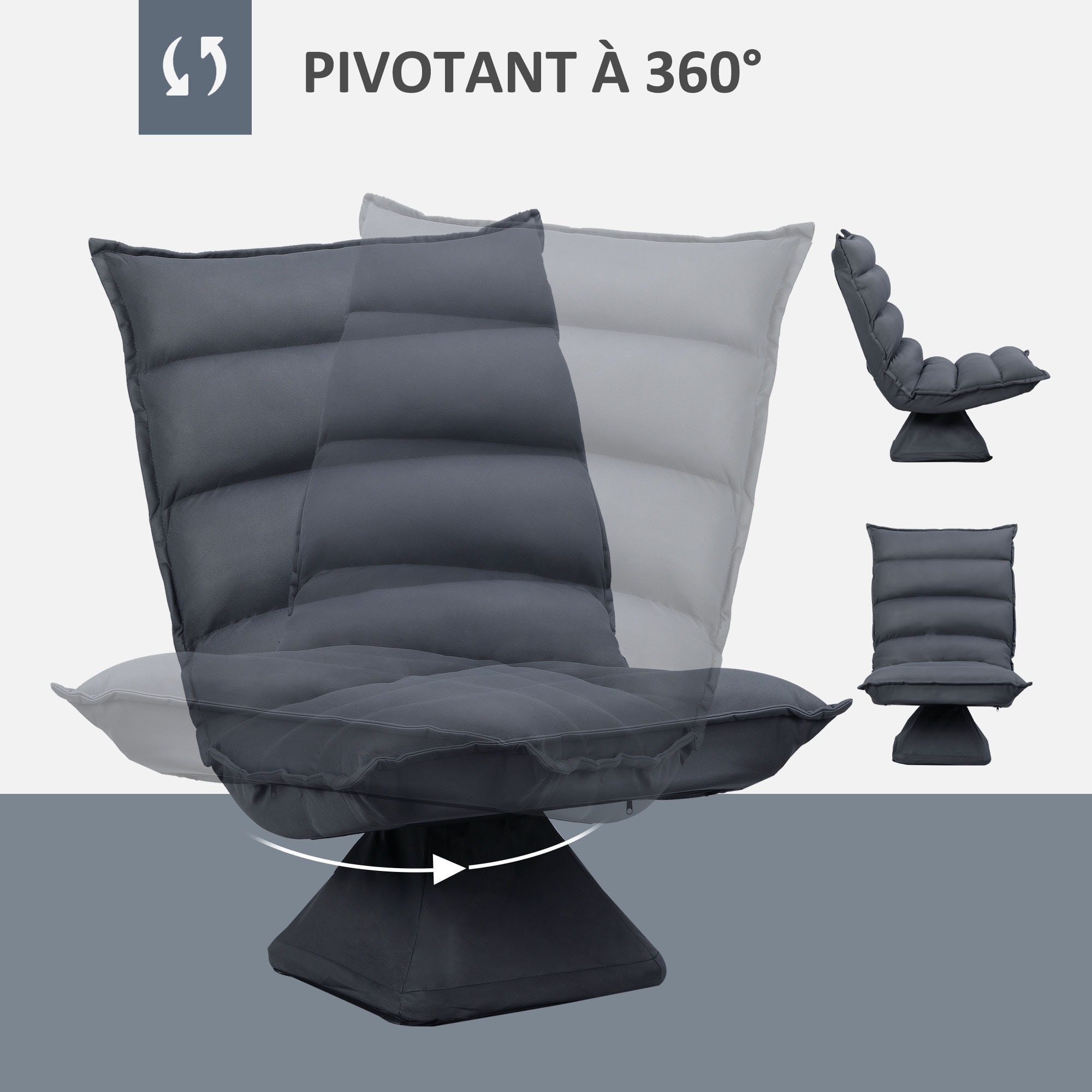 Fauteuil relax pivotant inclinaison réglable 5 niveaux tissu velours microfibre anthracite
