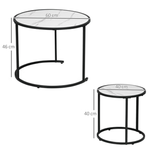 Juego de 2 Mesas Auxiliares Redondas Apilables Mesas Nidos Modernas con Encimera en Efecto de Mármol y Marco de Acero Ø60x46 cm y Ø40x40 cm Blanco