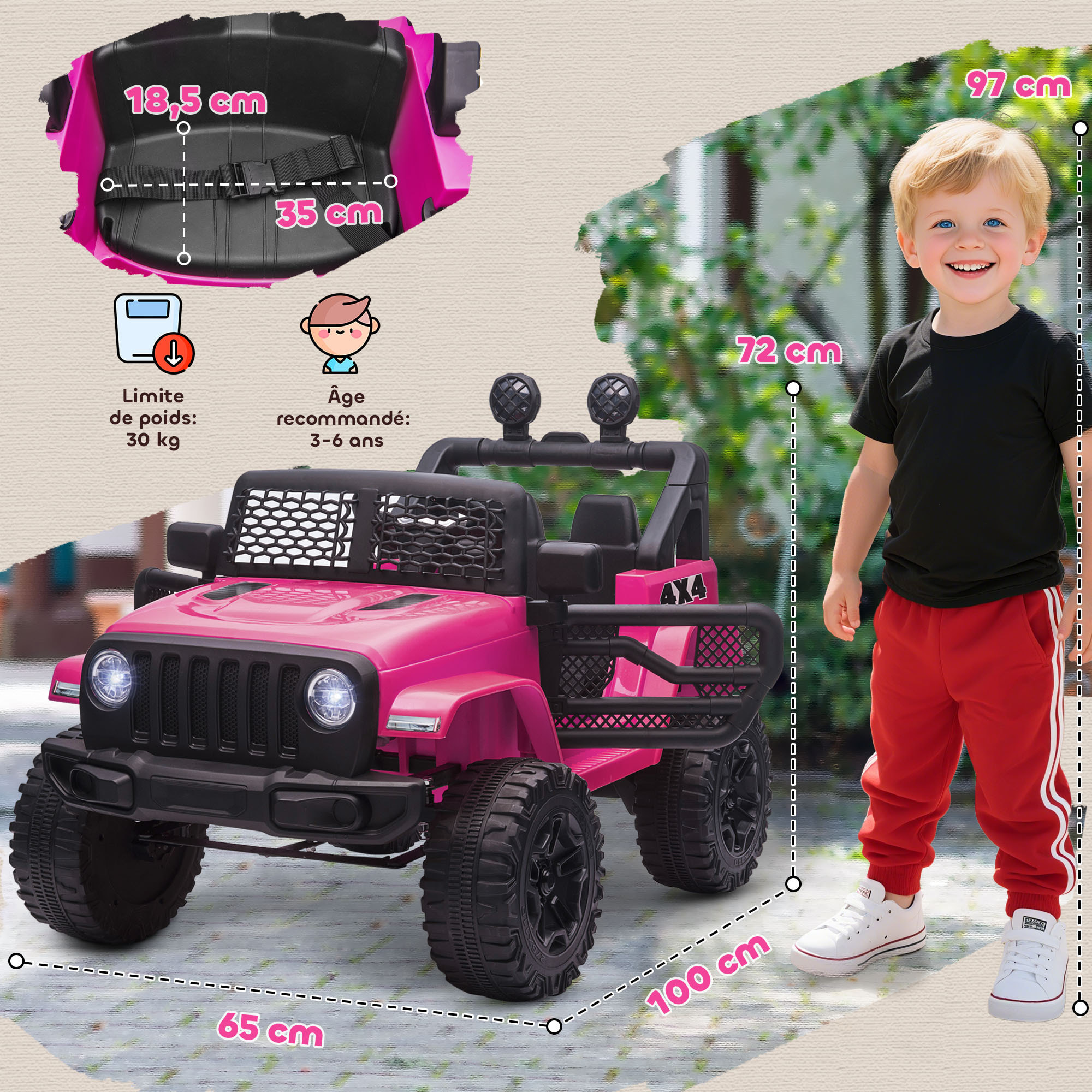 Voiture 4x4 électrique enfant 12 V 5 Km/h max. télécommande incluse effets lumineux sonores lecteur MP3 USB rose