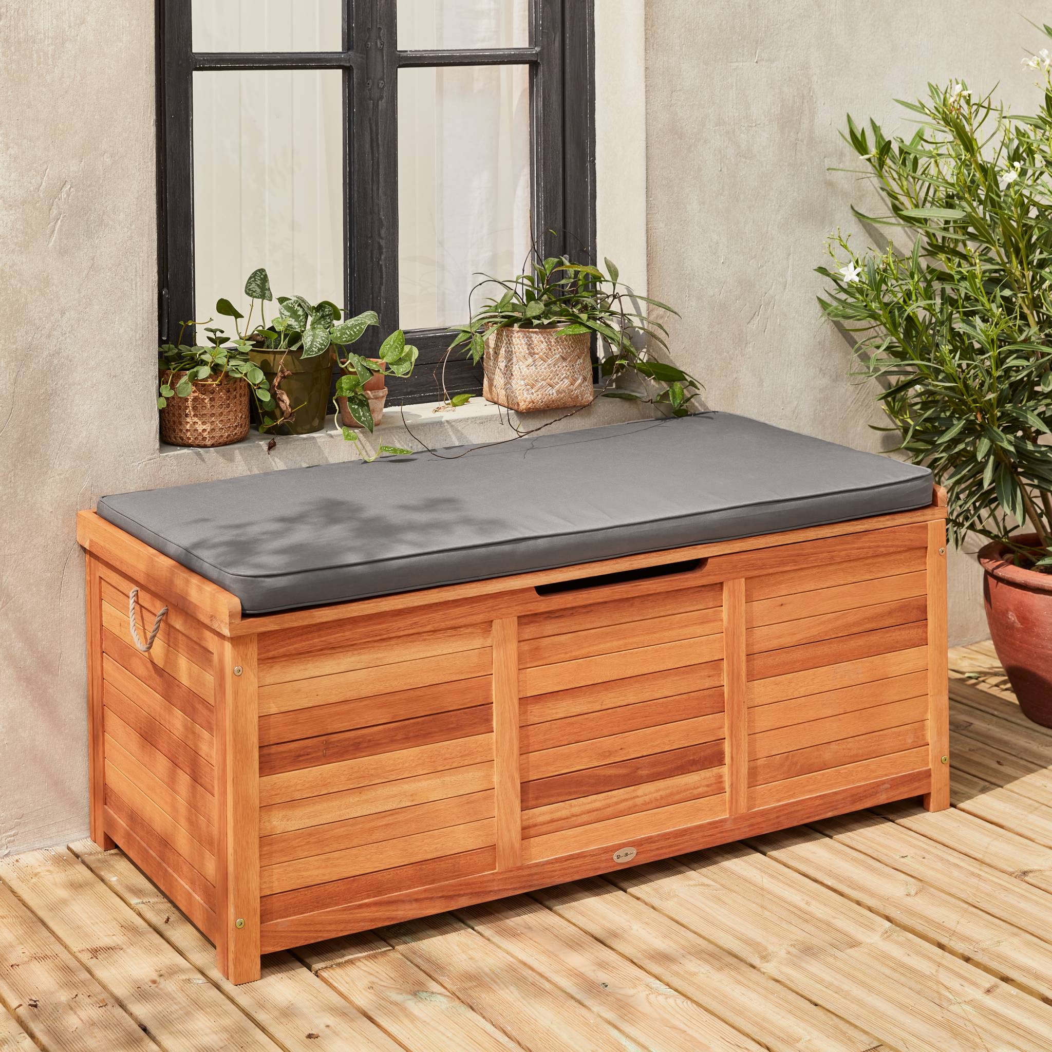 Coffre de jardin en bois 200L - Caja gris- 125x60cm rangement coussins avec 2 vérins et poignées