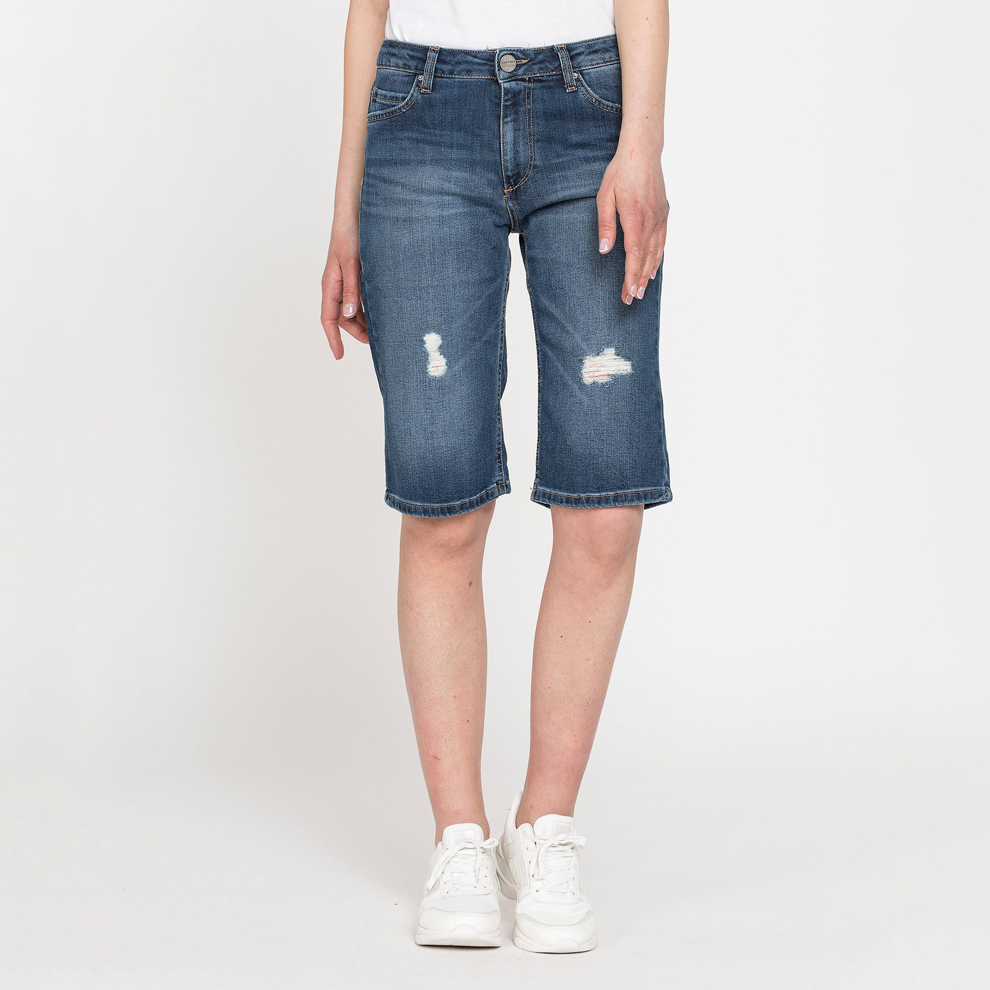 BERMUDA IN DENIM LEGGERO CON STRAPPI 100% COTONE. Vita regolare.