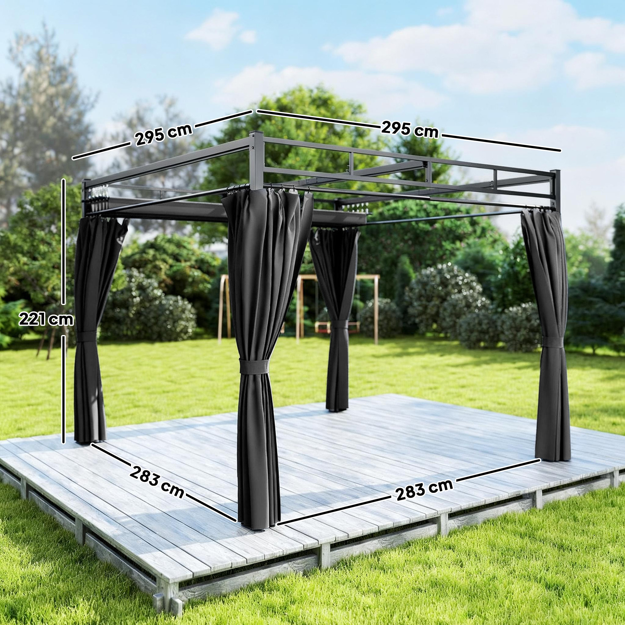 Pérgola de Jardín 3x3 m con Techo Retráctil y 4 Cortinas, Cenador de Jardín con Protección UV30+, Impermeable, Estructura Metálica, Pabellón para Patio, Terraza, Exterior, Gris Oscuro