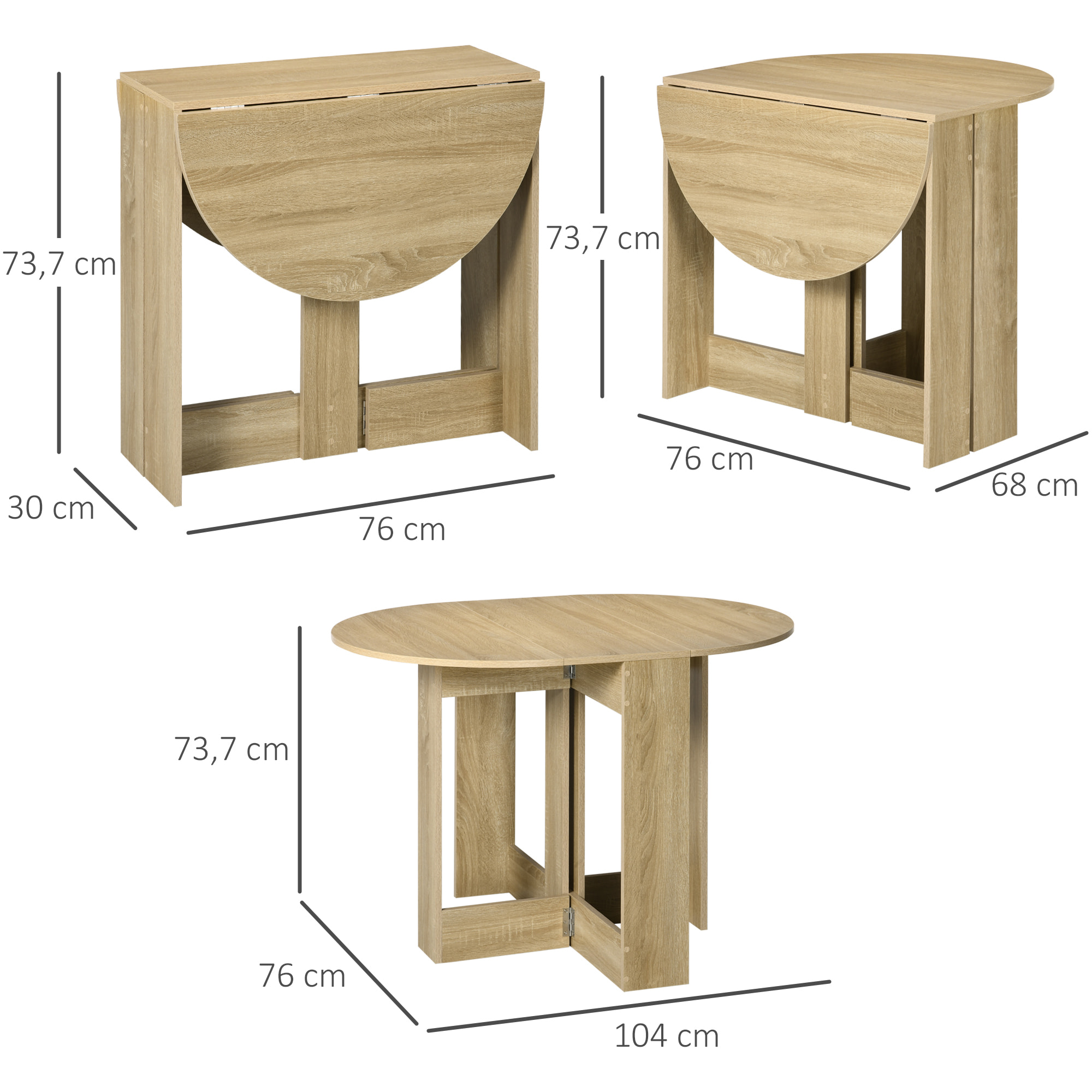 Table pliable de cuisine salle à manger 2 abattants - table ovale extensible - panneaux particules bois clair