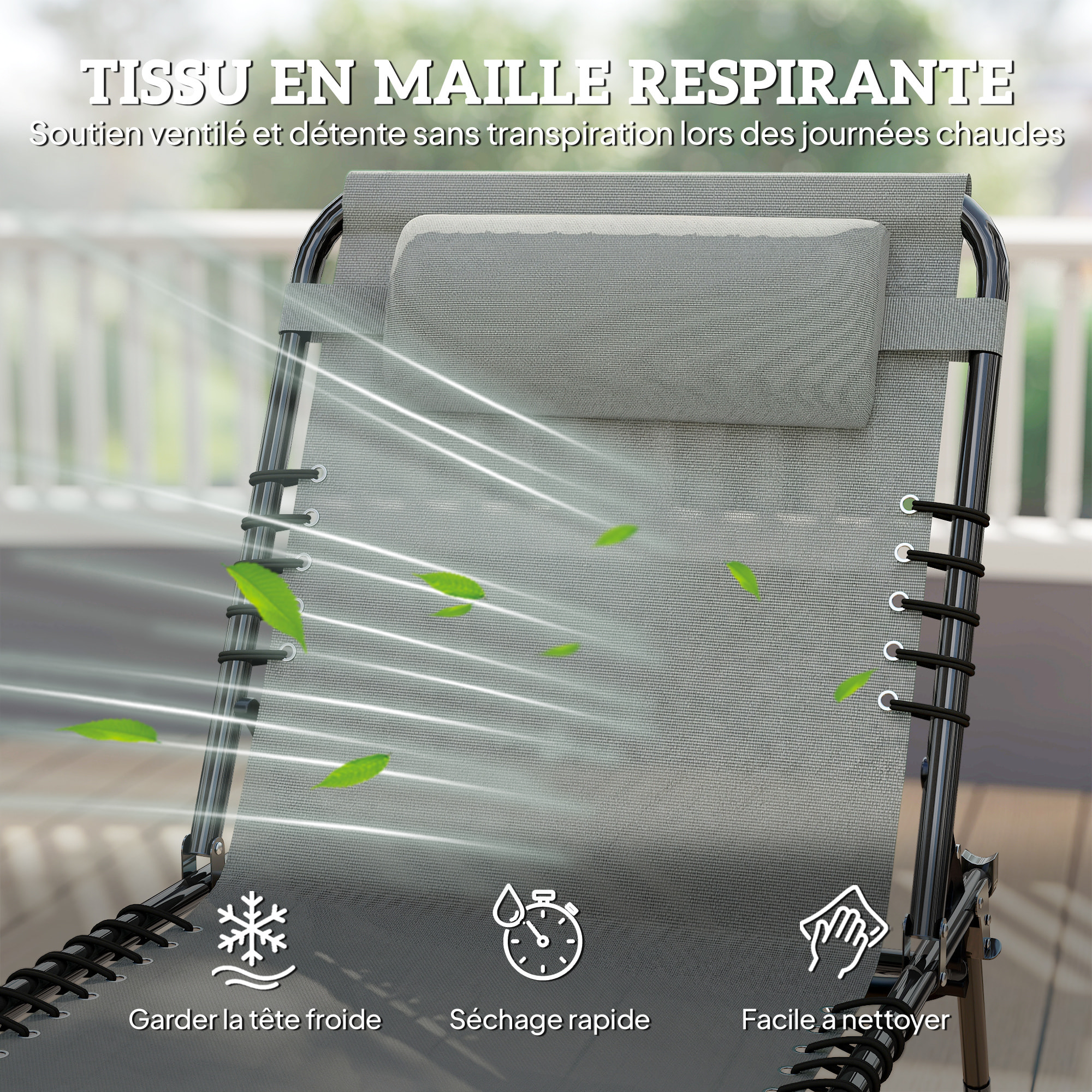 Bain de soleil transat pliable dossier inclinable multi-positions acier thermoplastique lacets élastiques noir textilène gris clair