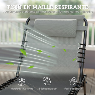 Bain de soleil transat pliable dossier inclinable multi-positions acier thermoplastique lacets élastiques noir textilène gris clair