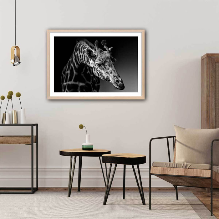 Affiche animaux girafe discrète Affiche + cadre en bois - Chêne