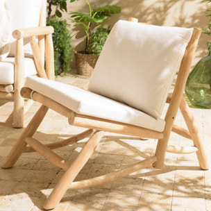 WILL - Fauteuil lounge en branches de teck naturel coussin blanc WILL