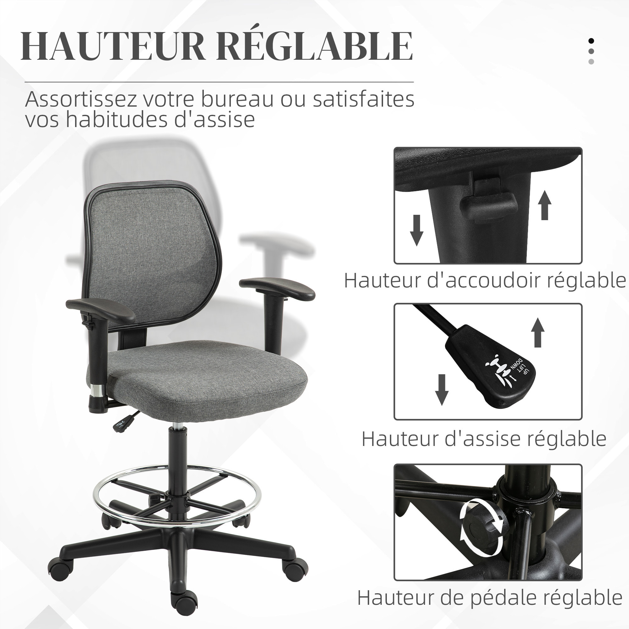 Chaise de bureau assise haute réglable accoudoirs réglables pivotante 360° tissu gris chiné