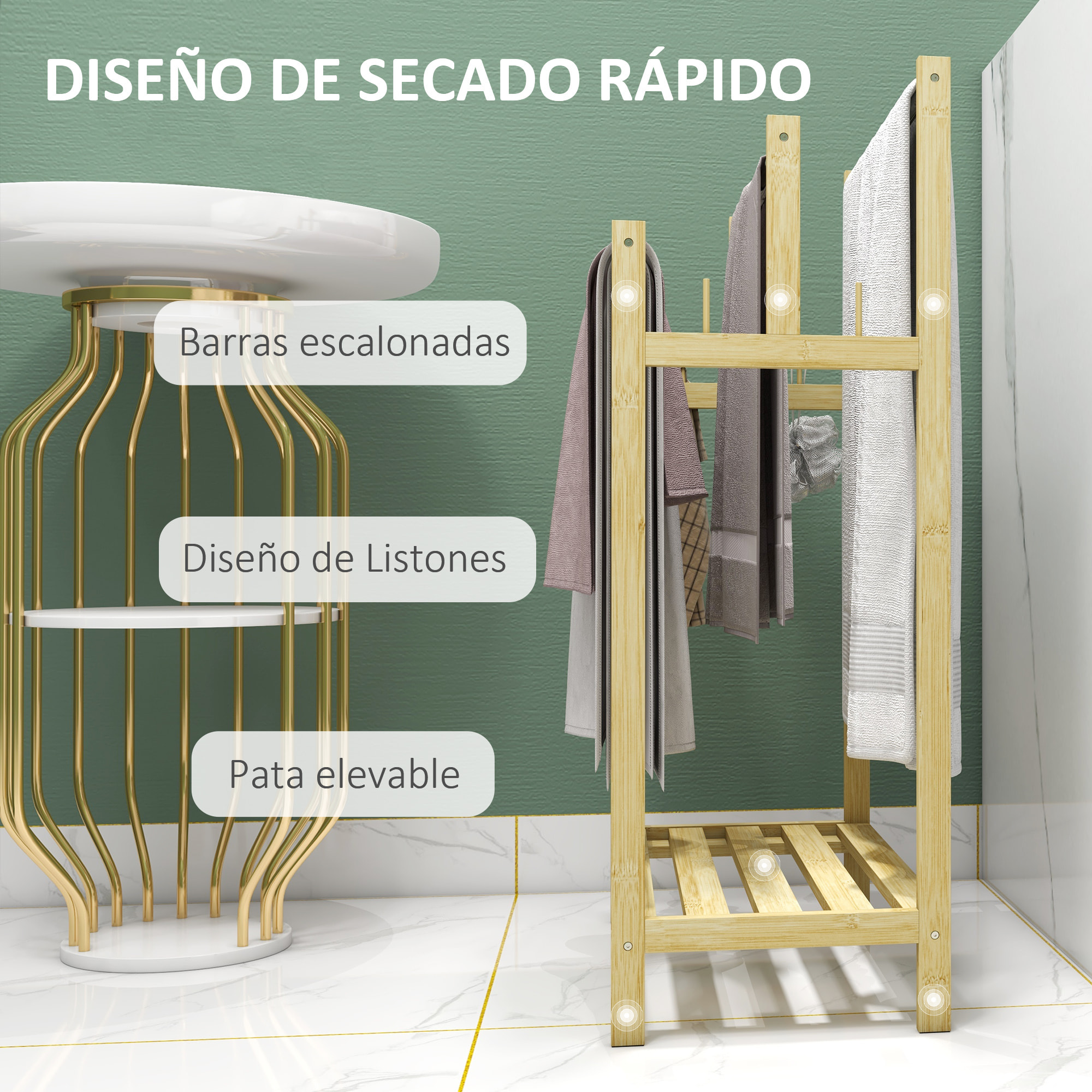 Toallero de Pie de Bambú, Toallero Escalera de Baño con 3 Barras de Acero Inoxidable, Estante Abierto, 4 Ganchos, Estilo Moderno, 50,5x31x90 cm, Natural