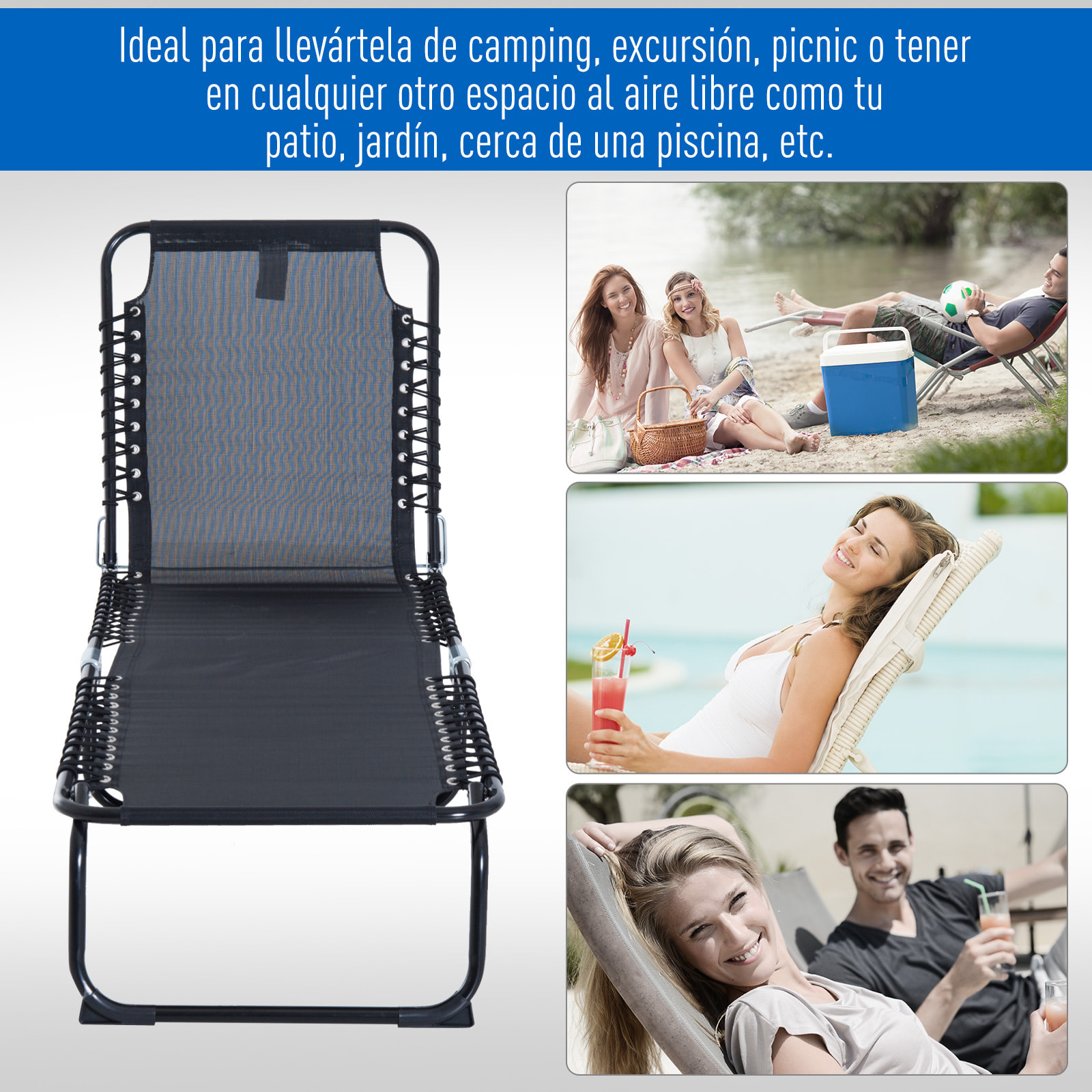 Tumbona Plegable, Tumbona Jardín Exterior Reclinable 4 Posiciones con Reposacabezas y Marco de Acero, Carga 120 kg, para Terraza, Piscina, Playa, 189x58x30 cm, Negro