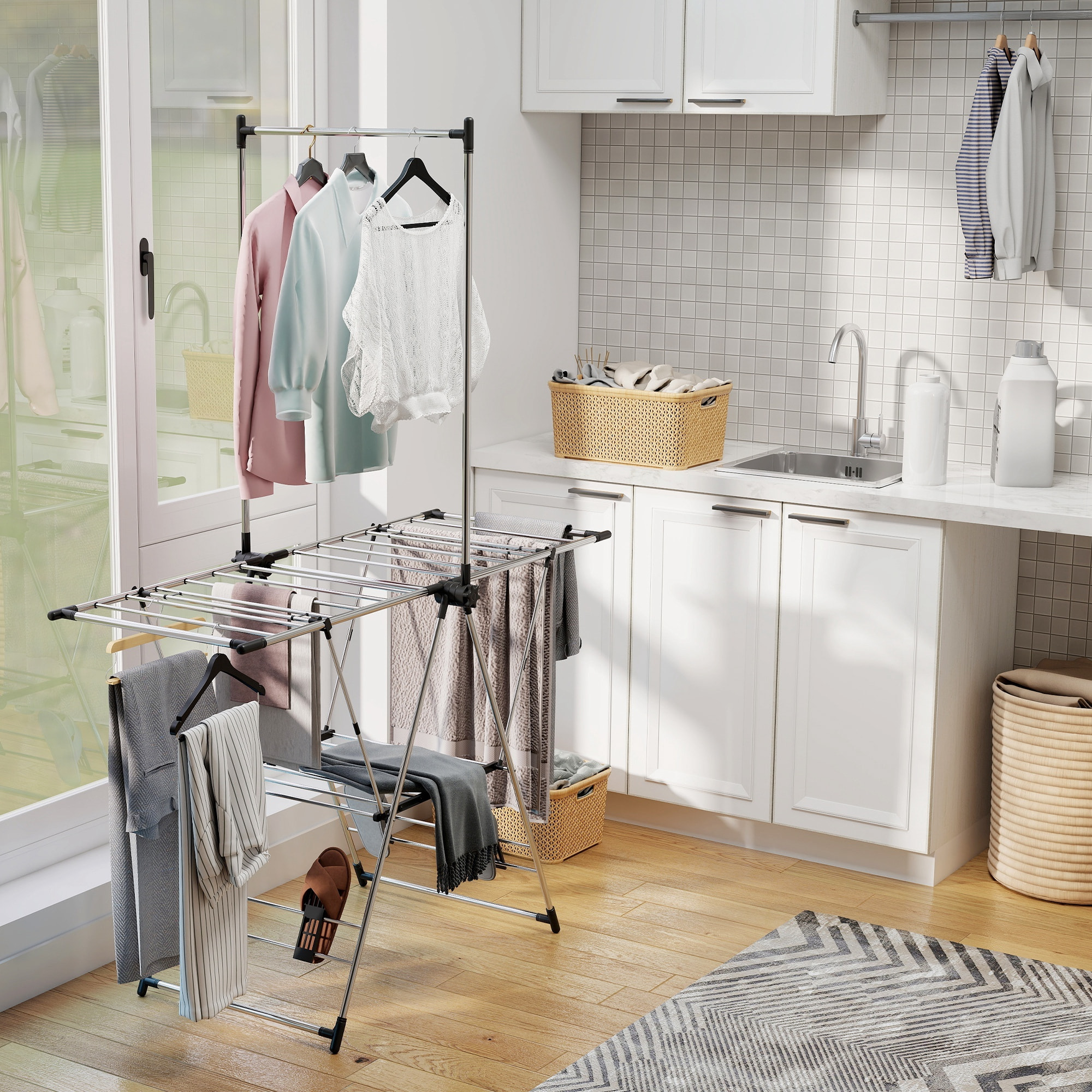 Étendoir pliable - séchoir à linge - ailes réglables, barre suspension - acier inox