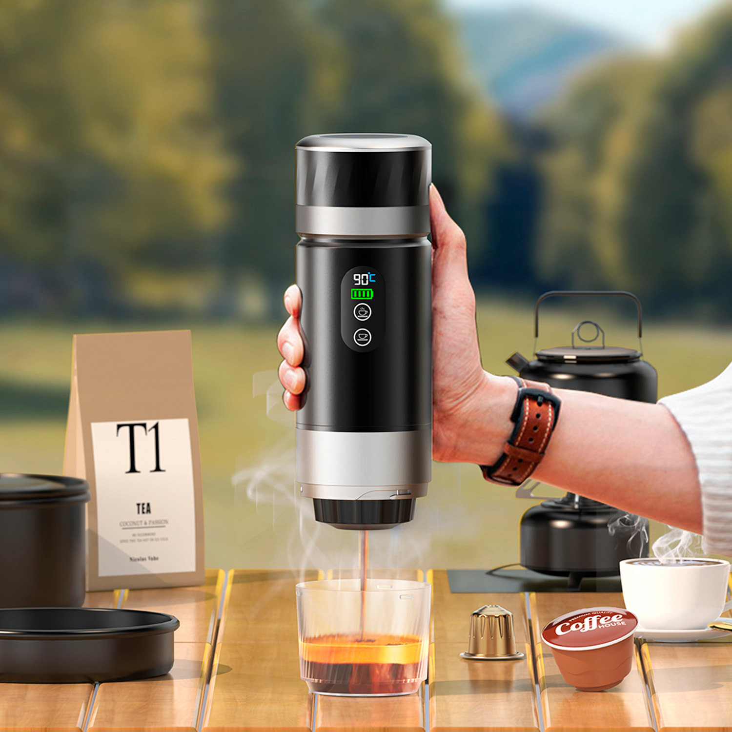 Cafetera portátil de cápsulas KF-JN-03, con dos baterías extraíbles de 7500mAh. Compatible con cápsulas y café molido.
