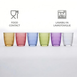 Set 6 bicchieri acqua colorati in vetro 31 cl, design moderno ed elegante, bicchieri resistenti per bibite cocktail e succhi, vetro certificato per alimenti senza piombo, lavabili in lavastoviglie
