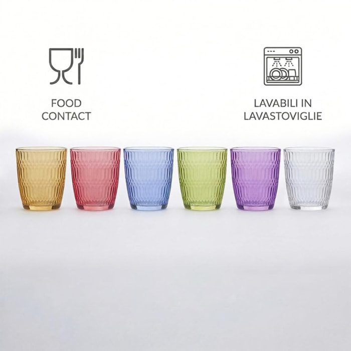 Set 6 bicchieri acqua colorati in vetro 31 cl, design moderno ed elegante, bicchieri resistenti per bibite cocktail e succhi, vetro certificato per alimenti senza piombo, lavabili in lavastoviglie