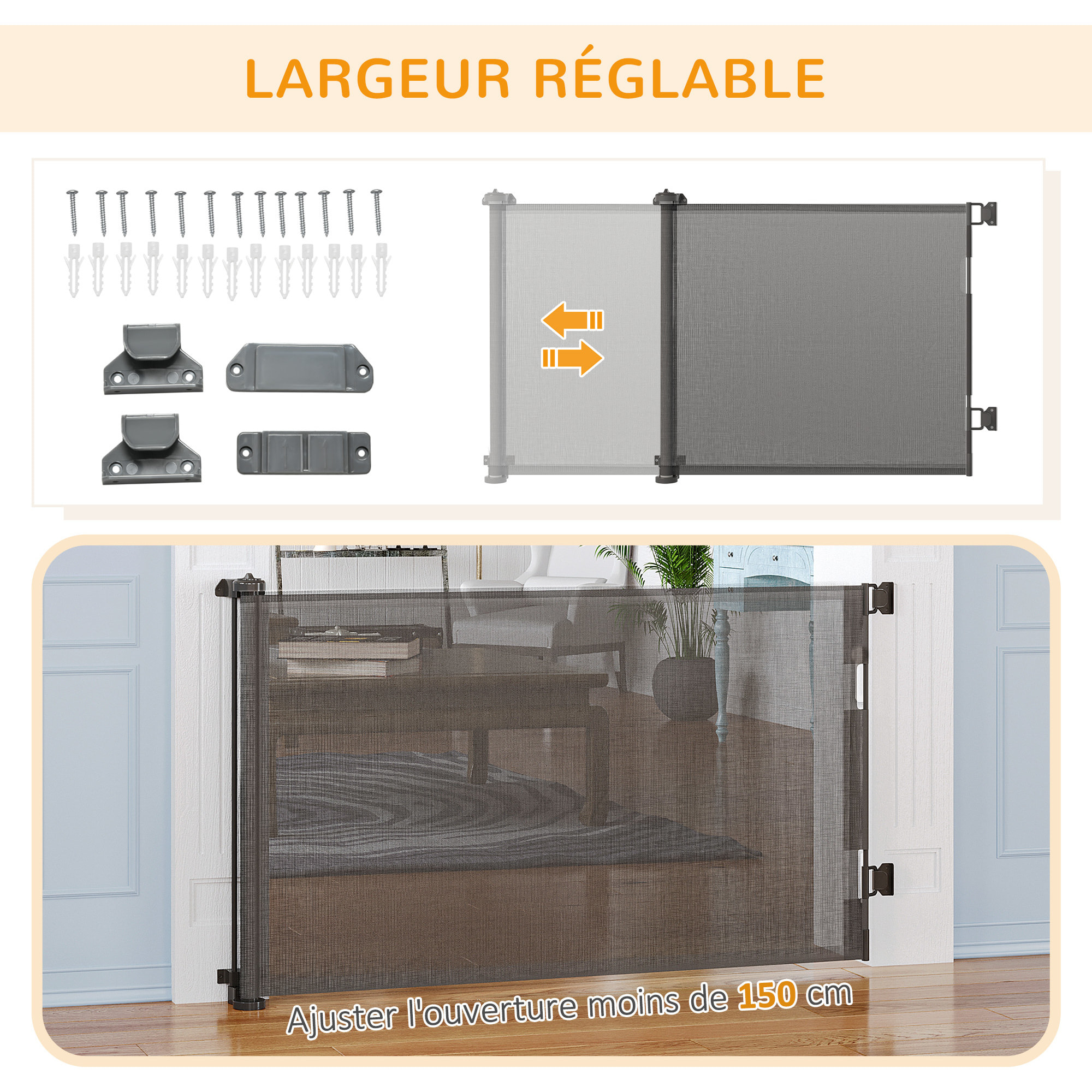 Barrière de sécurité barrière animaux rétractable automatique 1,65L x 0,85H m teslin alu. PVC gris