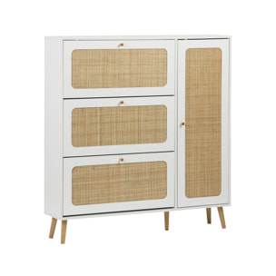 Meuble à chaussure cannage Bohème blanc. 3 tiroirs. 1 porte. 21 paires. 120 x 24 x 125 cm