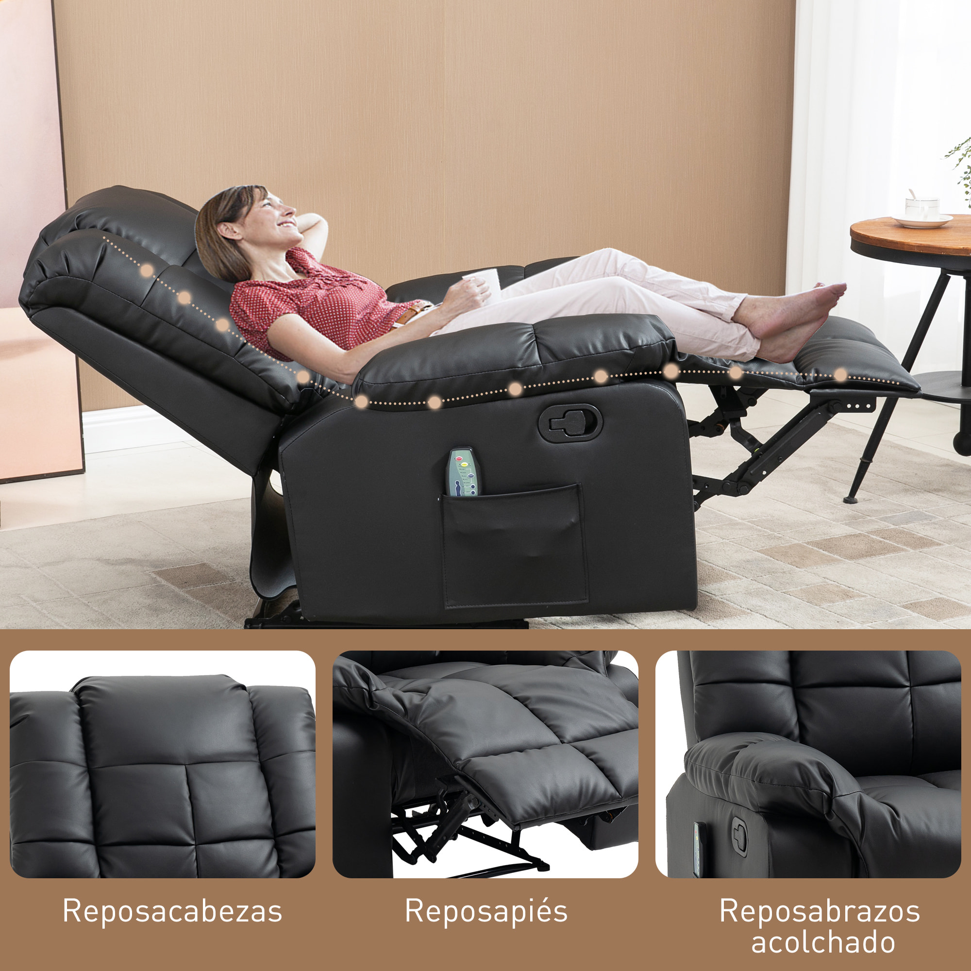 Sillón de Masaje, Sillón Relax Reclinable con 8 Puntos de Masaje, Mando a Distancia, Tapizado en PU, Reposapiés, Bolsillo Lateral, Butaca para Salón, Dormitorio, Negro
