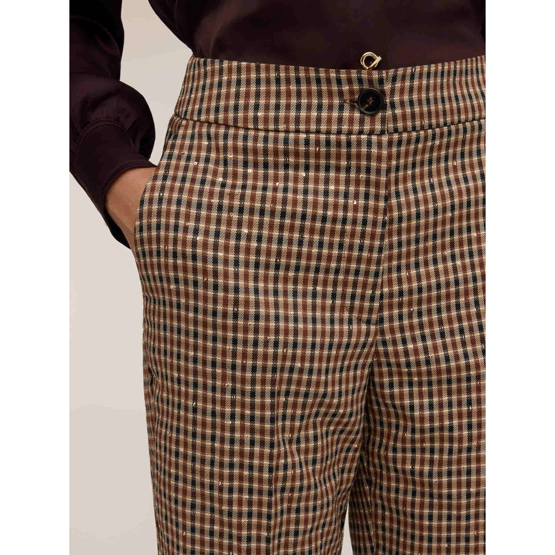 Motivi - Pantaloni cropped fantasia check lurex - Beige