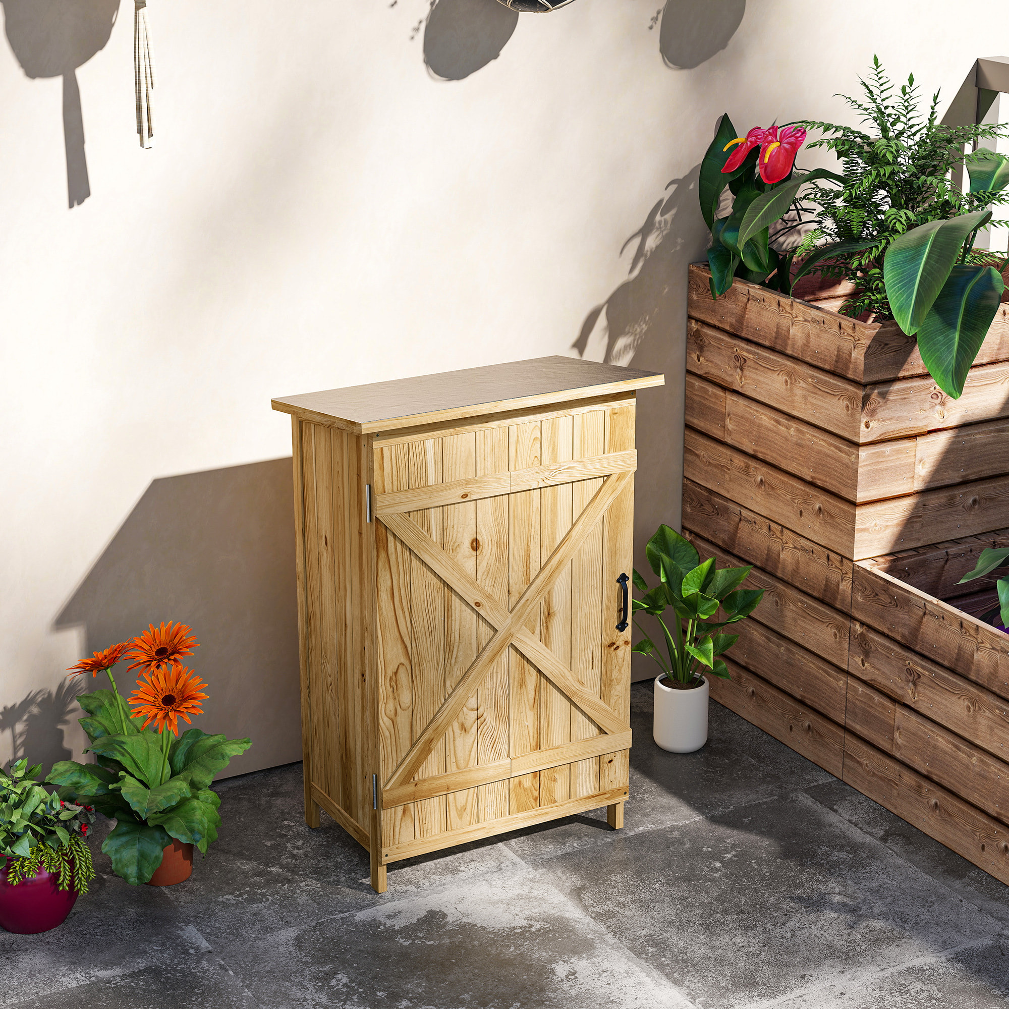 Caseta de Jardín de Madera 63,5x40x90 cm Cobertizo Jardín Exterior Armario para Almacenaje de Herramientas con 2 Estantes Puerta Estilo Granero y Techo de Acero Galvanizado Natural