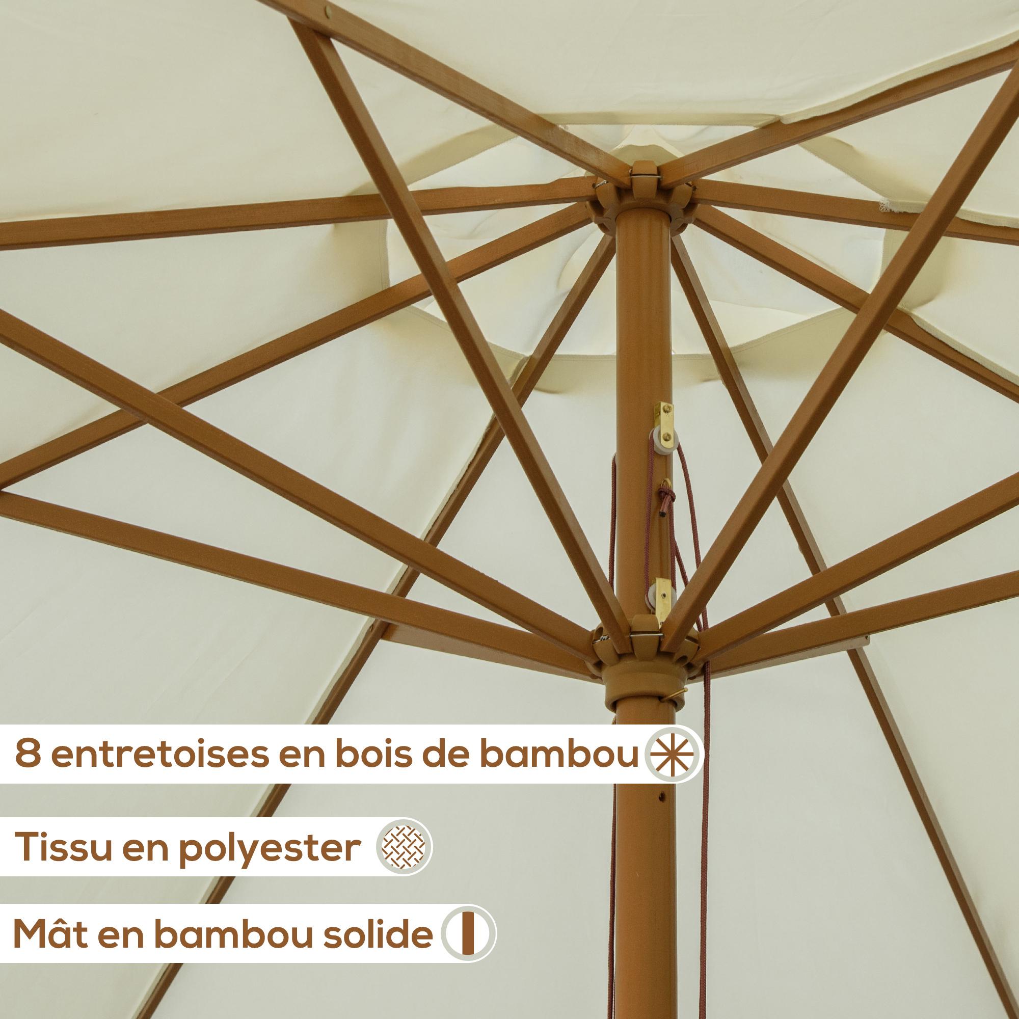 Parasol droit rond grande taille de jardin Ø 3,25 x 2,5H m bois de bambou polyester beige
